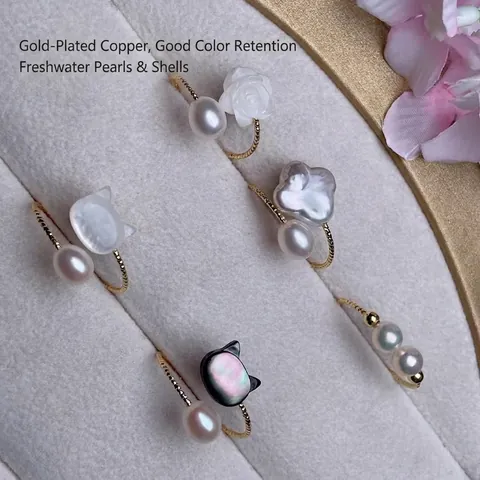 Freshwater Pearl Adjustable Ring Mother Of Pearl Flower Cat Design Gold Plated Copper Alloy Elegant Jewelry Women