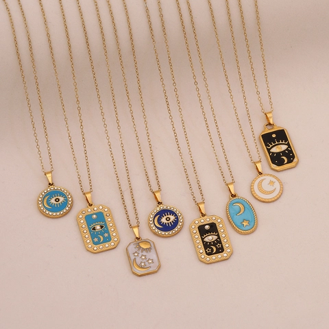 Stainless Steel Evil Eye Pendant Necklace With Enamel Star Moon Amulet Trendy Jewelry For Women