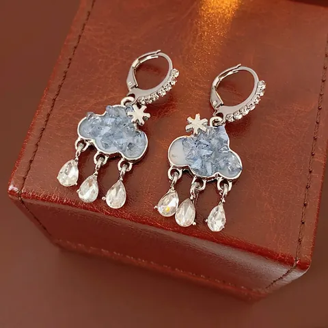 Elegant Cloud Water Drop Dangle Earrings With 925 Sterling Silver Earring Post Blue Crystal Snowflake Jewelry For Women