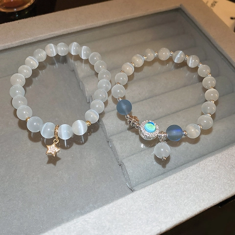 Cat Eye Stone Beaded Bracelet With Zircon Star Charm Elastic Geometric Elegant Fashion Jewelry For Women