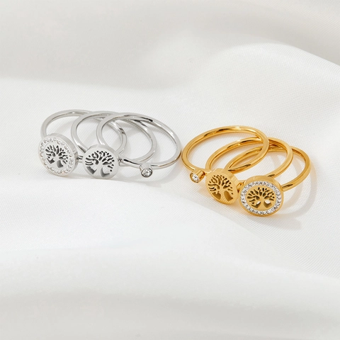 Tree Of Life Rings Stainless Steel Hollow Inlaid Rhinestone Elegant Fashion Daily Jewelry Accessories For Women