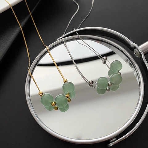 Titanium Stalen Ketting Voor Dames Groene Kralen In Jade Stijl Vintage Elegante Hanger Sleutelbeen Ketting