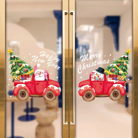 Adesivo Statico Finestra Natale PVC Doppia Faccia Camion Rosso Babbo Natale Pupazzo Di Neve Albero Cartone Animato Decalcomania Vetro