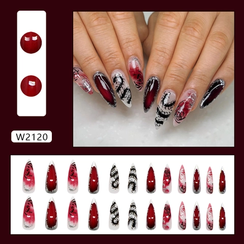 Unghie Finte Long Stiletto Press On Nails Gotico Scuro Sfumato Rosso Nero Motivo Millepiedi Punk