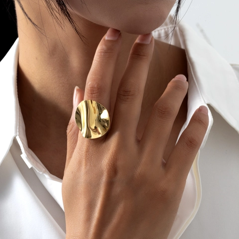 Onregelmatige Gerimpelde Geometrische Open Ring Roestvrij Staal Verstelbare Golfschijf Gepolijst Retro Ins Stijl Sieraden Vrouw