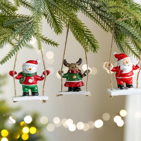 Addobbo Albero Di Natale Resina Babbo Natale Pupazzo Di Neve Renna Altalena Base Legno Corda Canapa Decorazione Casa