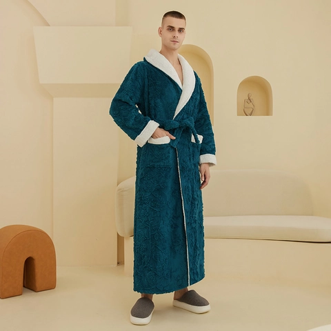 Herren Langer Dicke Flanell Bademantel Jacquard Vlies Morgenmantel Warm Schalkragen Loungewear Mit Bindegürtel Kontrastbesatz