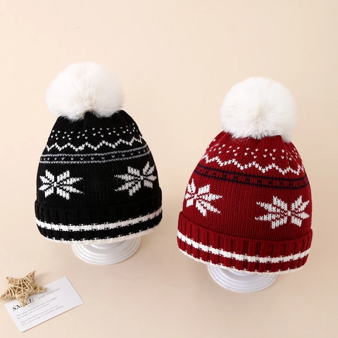 Kids Knitted Beanie Hat Acrylic Winter Warm Snowflake Christmas Pom Pom Ear Protection Outdoor