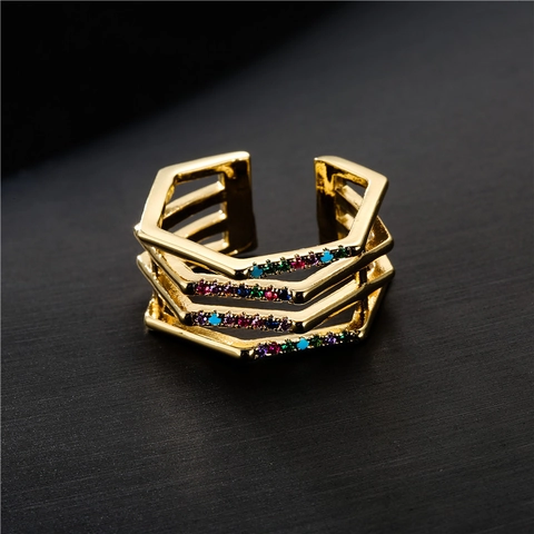 Geometric Multi Layer Open Ring Copper 18K Gold Plated Colorful Cubic Zirconia Adjustable Hollow Fashion For Women