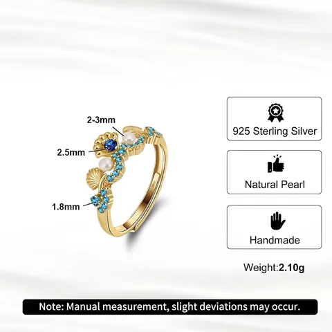S925 Sterling Silver Shell Open Ring For Women Freshwater Pearl Blue Zirconia Ocean Style Adjustable Fashion Finger Jewelry