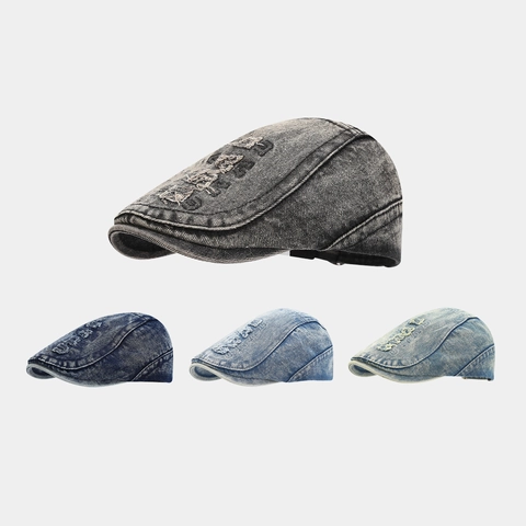Vintage Washed Denim Flat Cap Distressed Loch Stickerei Retro Ivy Hut Verstellbare Lässige Baskenmütze