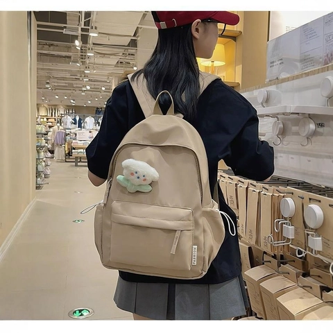 Mochila Casual Tela Oxford Transpirable Gran Capacidad Mochila Escolar Estudiante Simple Color Sólido Para Adolescentes Con Colgante De Peluche