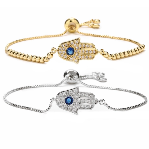 Hamsa Hand Evil Eye Bracelet Copper Zircon Adjustable Pull String Bead Box Chain Religious Turkish Jewelry For Women Men