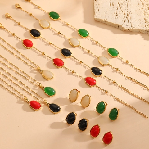 Stainless Steel Jewelry Set For Women Vintage Oval Cats Eye Stone Gold Plated Necklace Bracelet Stud Earrings Elegant