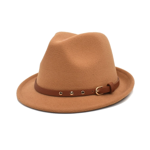 Vintage Fedora Hat Woolen Felt Jazz Cap With Leather Belt Gold Rivets Solid Color British Style For Men Women