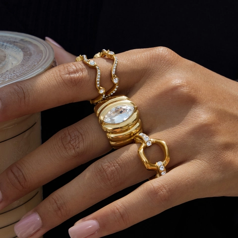 Stainless Steel Ring Gold Plated Ribbed Croissant Design Marquise Cubic Zirconia Waterproof Hypoallergenic Jewelry