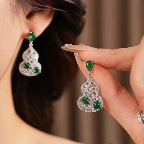 Hollow Gourd Drop Earrings With Green Zircon Artificial Pearl Copper Silver Earring Post Chinese Style Vintage Luxury For Women