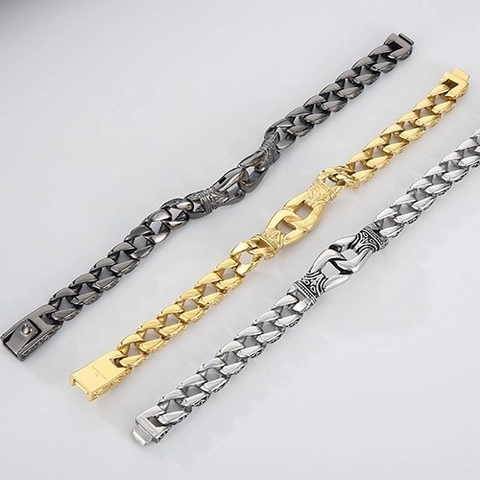 Pulsera Hombre Retro 316L Acero Inoxidable Grabado Patrón Floral Cadena Cubana Vintage Punk Gótico Pulido Brazalete