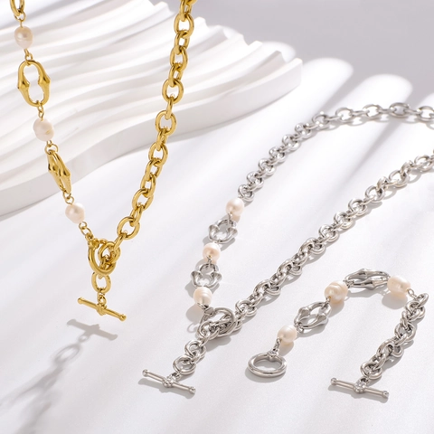 Collana A Catena Asimmetrica Per Donna Acciaio Al Titanio Perla D'acqua Dolce Hip Hop Stile Ins Gioielli Chiusura T-Bar