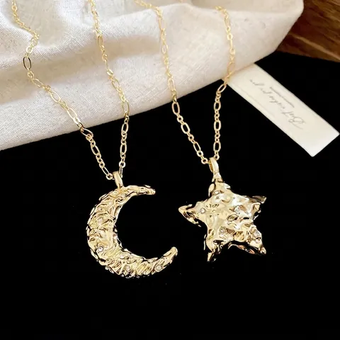 Gehamerde Ster En Maan Hanger Ketting Voor Dames Vintage Goud Legering Strass Hemelse Sieraden Lange Ketting