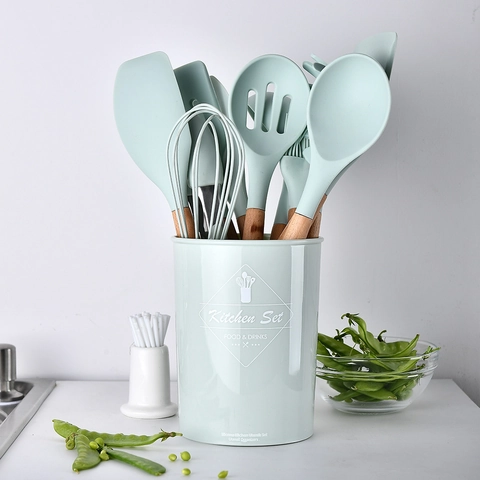 Set Di Utensili Da Cucina In Silicone Resistente Al Calore Con Manico In Legno Di Faggio E Secchio Per La Conservazione