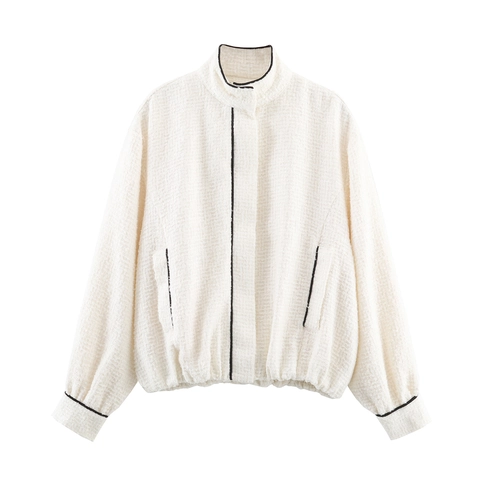 Women Textured Tweed Jacket Stand Collar Contrast Trim Short Loose Zipper Coat Casual Elegant Style Long Sleeves
