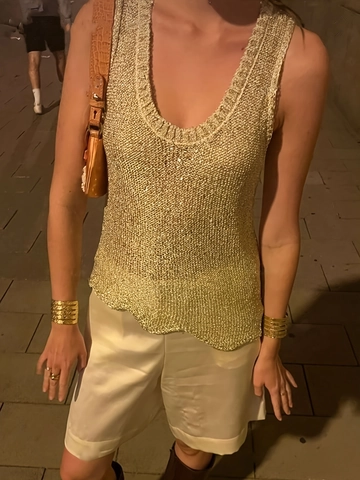 Women Knit Tank Top Sequins Hollow Out Sleeveless V-Neck Loose Summer Vest Casual Sparkling Top