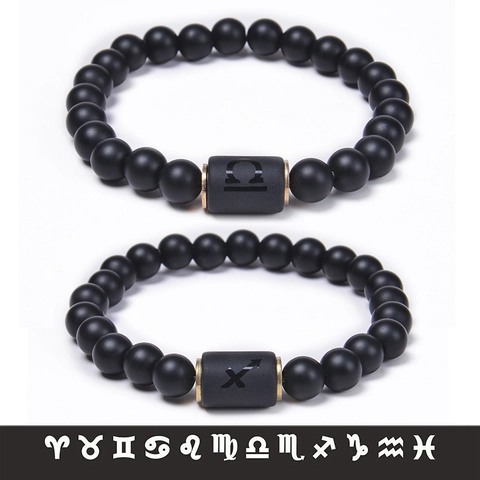 Bracciale Con Perline Costellazioni Dello Zodiaco Pietra Agata Nera Opaca Naturale Lega Gioielli Unisex Regalo