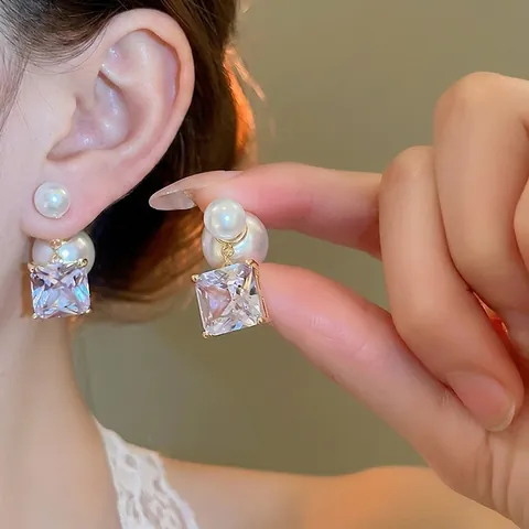 18K Gold Plated Square Zircon Drop Earrings With Imitation Artificial Pearls And 925 Sterling Silver Earring Post For Women