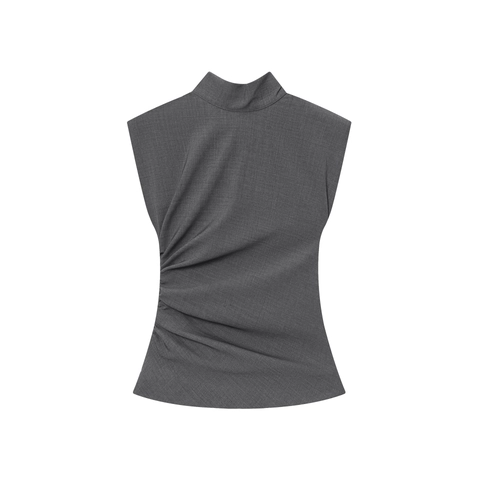Women Sleeveless Mock Neck Blouse Side Ruching Slim Fit Polyester Twill Elegant Solid Top Grey
