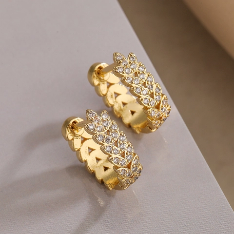 Pendientes Flor Hoja Boton Aro Cobre Chapado En Oro Zircon Verde Claro Joyeria Minimalista Para Mujer