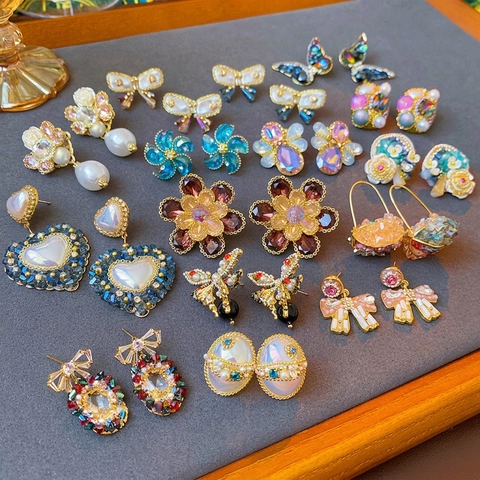 Orecchini In Cristallo Con Fiori Barocchi Vintage Con Perno In Argento Elegante Fiocco Farfalla Perla Artificial Nappa Gioielli Donna