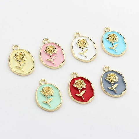 Alloy Enamel Rose Flower Oval Pendants Charms For DIY Jewelry Making Necklaces Earrings Bracelets