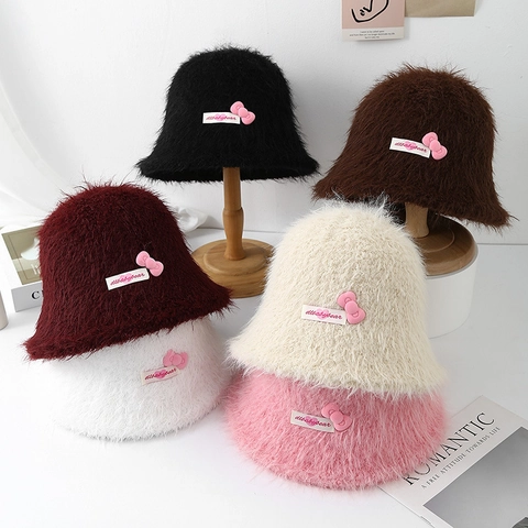 Women Japanese Style Plush Bucket Hat With Pink Bow Sweet Faux Fur Warm Basin Hat For Winter Outdoor Daily Wear