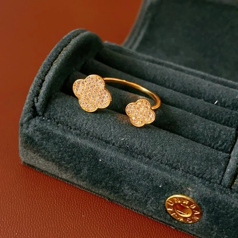 Bague Ajustable Double Trèfle Fleur Cuivre Zircone Cubique Style Luxe Français Vintage Bijoux Pour Femmes