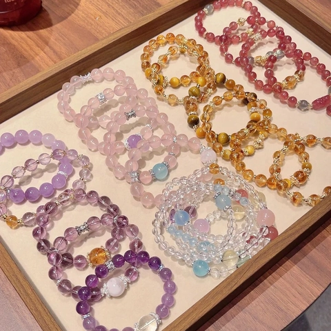 Beaded Bracelet Natural Stone Crystal Artificial Pearl Alloy Charm Elastic Retro Sweet Style Women Hand Jewelry