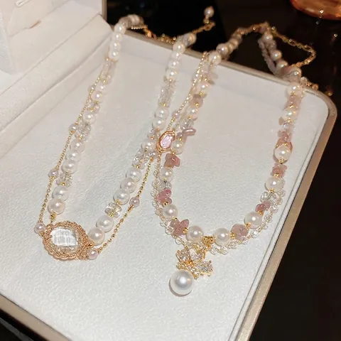Französische Vintage Doppellagige Halskette Mit Imitationsperlen Und Rosa Kristall Legierung Elegante Krone Anhänger Für Damen