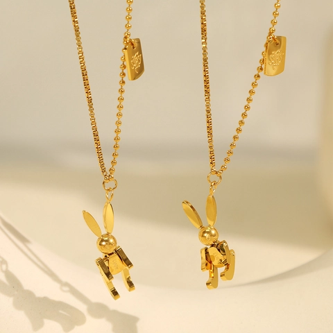 Mechanical Rabbit Pendant Necklace Stainless Steel Jointed Bunny Spliced Chain Luck Tag Gold Plated Trendy Jewelry Women