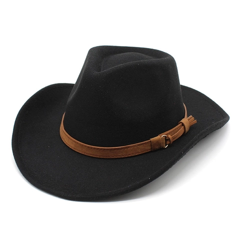 Western Cowboy Hat Wool Felt Wide Brim Fedora Jazz Cap With Leather Band Windproof Rope For Women Men