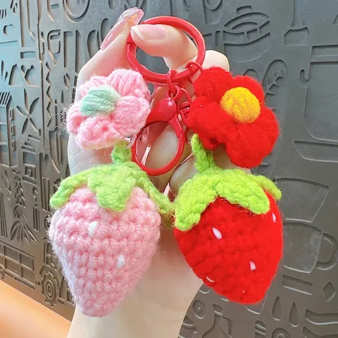 Handmade Crochet Strawberry Flower Keychain Cute Yarn Knit Bag Charm Pendant For Women Girls Gift
