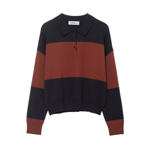Suéter De Punto Rayado De Manga Larga Para Mujer Cuello Polo Bloque De Color Contraste Top De Poliéster Casual Vintage