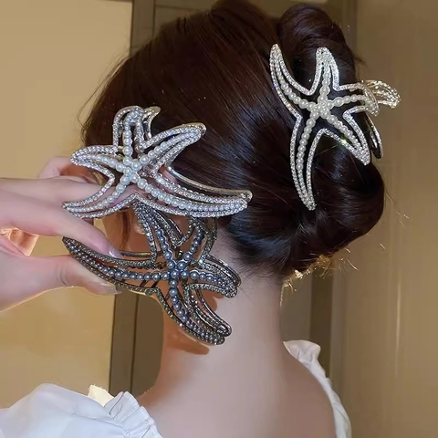 Pinza Per Capelli Stella Marina Lega Perla Artificial Strass Grande Fermaglio Squalo Elegante Stile Oceano Copricapo Donna