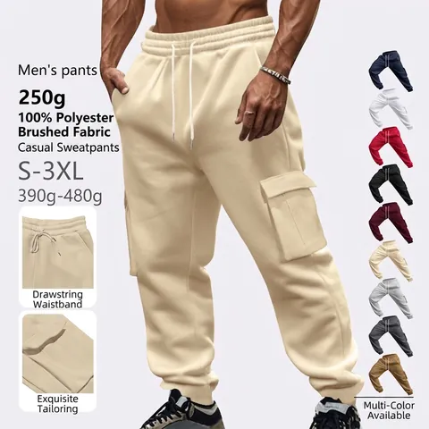 Men's Cargo Jogger Sweatpants Solid Color Polyester Fleece Lining Drawstring Elastic Waist Casual Streetwear Pants