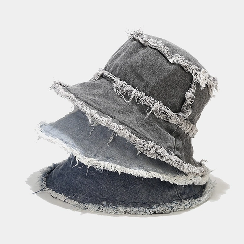 Washed Denim Cotton Frayed Edges Reversible Bucket Hat Sun Protection British Retro Streetwear Accessory For Women