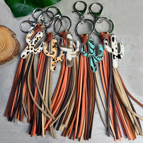 Southwest Style Leather Cactus Tassel Keychain Vintage Cowhide Alloy Bag Pendant Leopard Cow Print Key Ring For Women