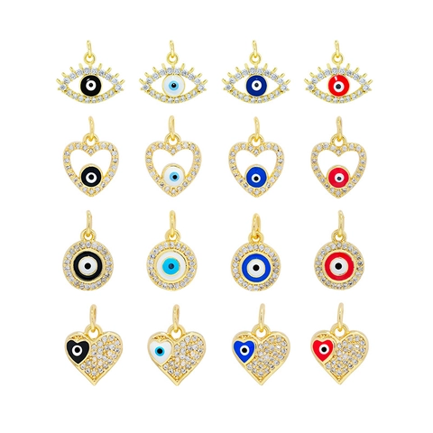 Evil Eye Anhänger Zur Halskettenherstellung Kupfer 18K Vergoldet Herz Rund Zirkonia Emaille Chic DIY Schmuck Charms