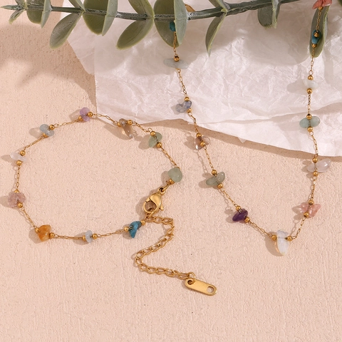 Halskette Und Armband Mit Natürlichen Bruchsteinen 18K Vergoldeter Edelstahl Verstellbarer Bunter Schmuck Für Damen