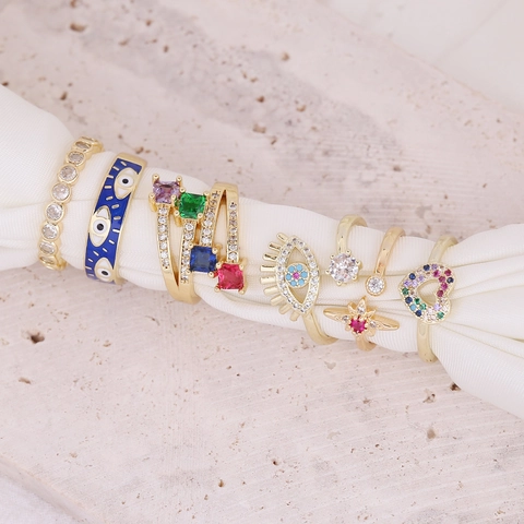 Böser Blick Herz Stern Verstellbare Ringe Kupfer Mikro Eingelegt Zirkon Emaille Gold Vergoldet Modeschmuck Für Frauen