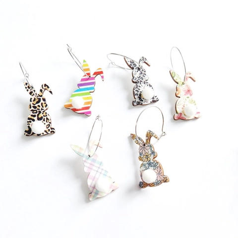 Osterhase Holz Ohrringe Mit Plüsch Pom Pom Schwanz Leopard Blumenmuster Hoop Schmuck Für Frauen Mädchen