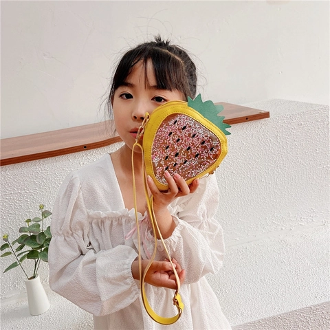 Bolso De Hombro De Fresa Para Niños Cuero PU PVC Transparente Lentejuelas Brillantes Forma Fruta Bolso De Niñas